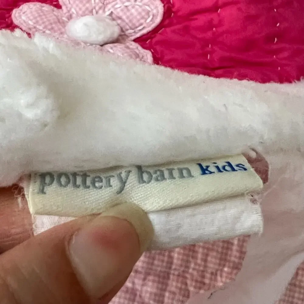 Pottery Barn Kids Quilt Blanket Pink White Flower Patch Fur Trim 86.5